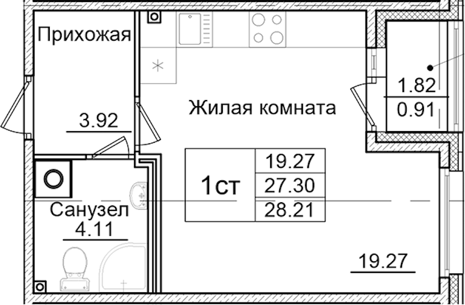 Квартира студия 28.21 м², 2/9 эт., ЖК «Квартал Заречье»